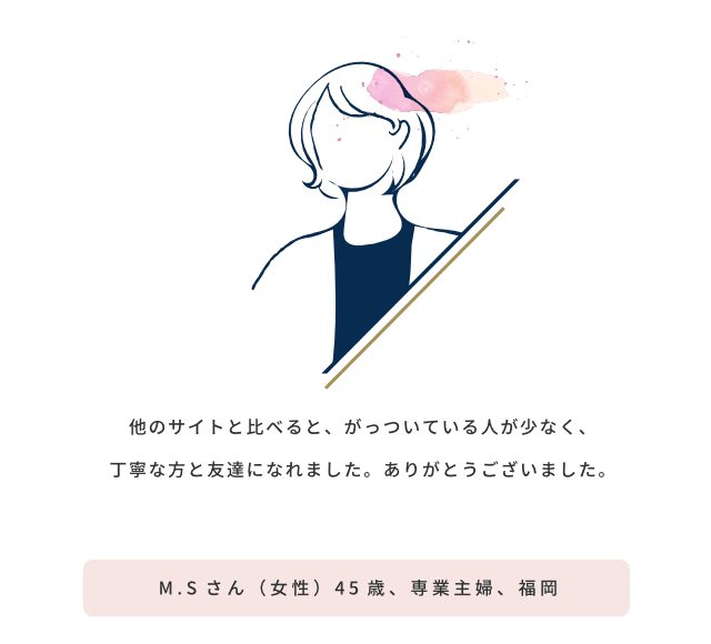 他のサイトと比べると、がっついている人が少なく、丁寧な方と友達になれました。ありがとうございました/
											M.Sさん（女性）45歳、専業主婦、福岡